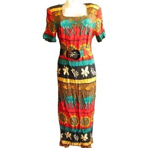 Womens Vintage Elephant Dress 6 80s 90s WNY RAYON AFRO LATIN HIP HOP BELTED USA